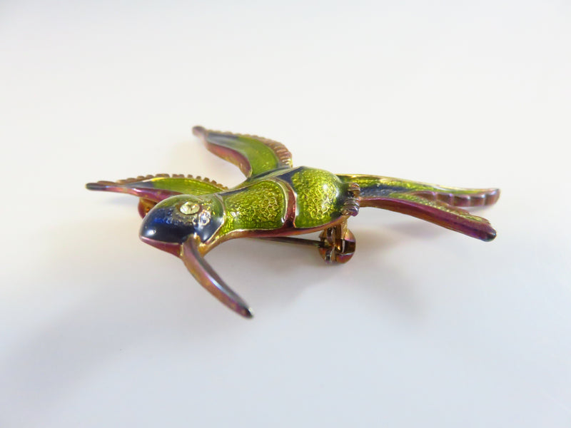 Vintage Enameled Blue Green Yellow Gilded Hummingbird Brooch Pin