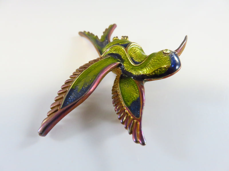 Vintage Enameled Blue Green Yellow Gilded Hummingbird Brooch Pin