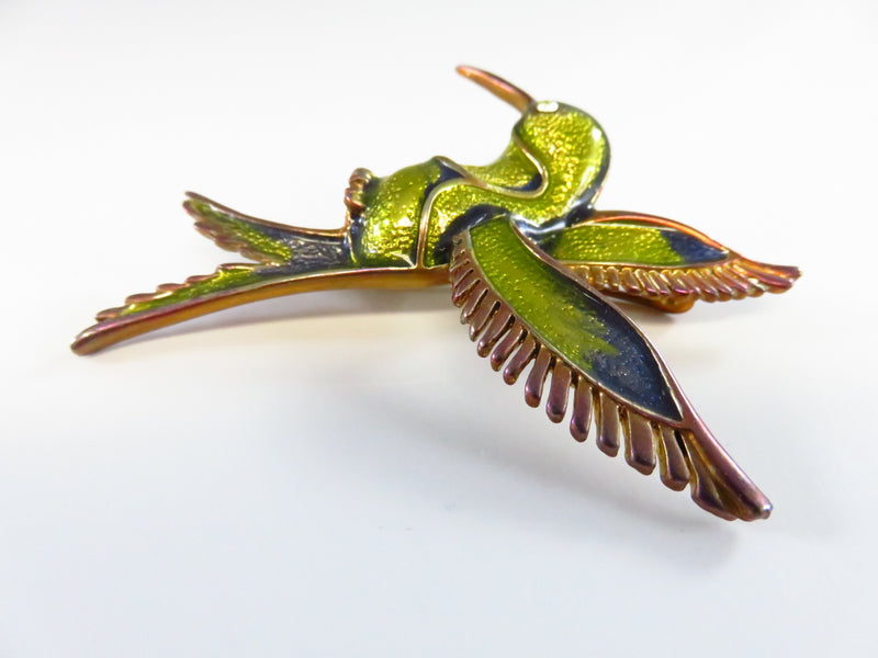 Vintage Enameled Blue Green Yellow Gilded Hummingbird Brooch Pin