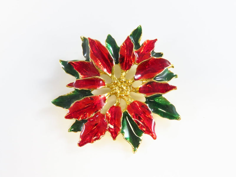 Poinsettia Flower Brooch Red Green White Enamel Gold Gilded 2"