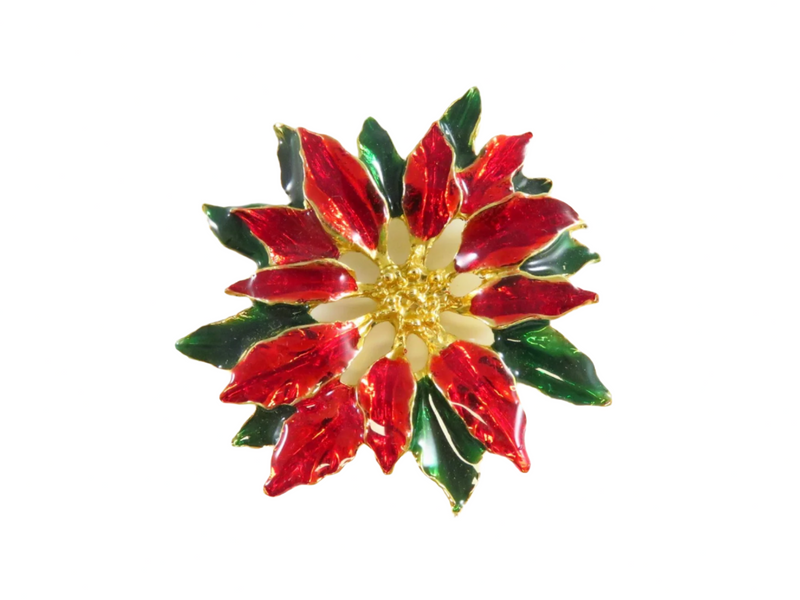 Poinsettia Flower Brooch Red Green White Enamel Gold Gilded 2"