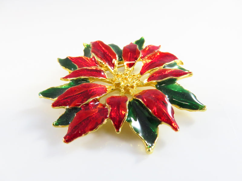 Poinsettia Flower Brooch Red Green White Enamel Gold Gilded 2"