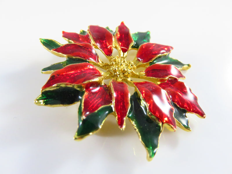 Poinsettia Flower Brooch Red Green White Enamel Gold Gilded 2"