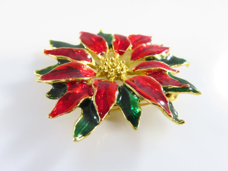 Poinsettia Flower Brooch Red Green White Enamel Gold Gilded 2"