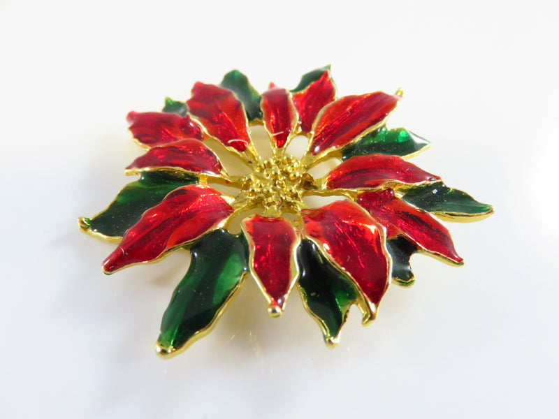 Poinsettia Flower Brooch Red Green White Enamel Gold Gilded 2"