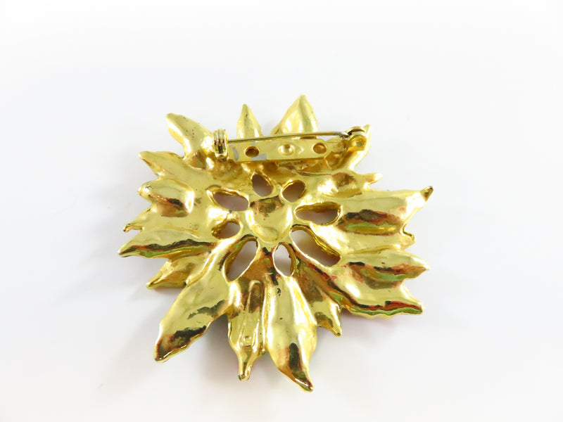 Poinsettia Flower Brooch Red Green White Enamel Gold Gilded 2"