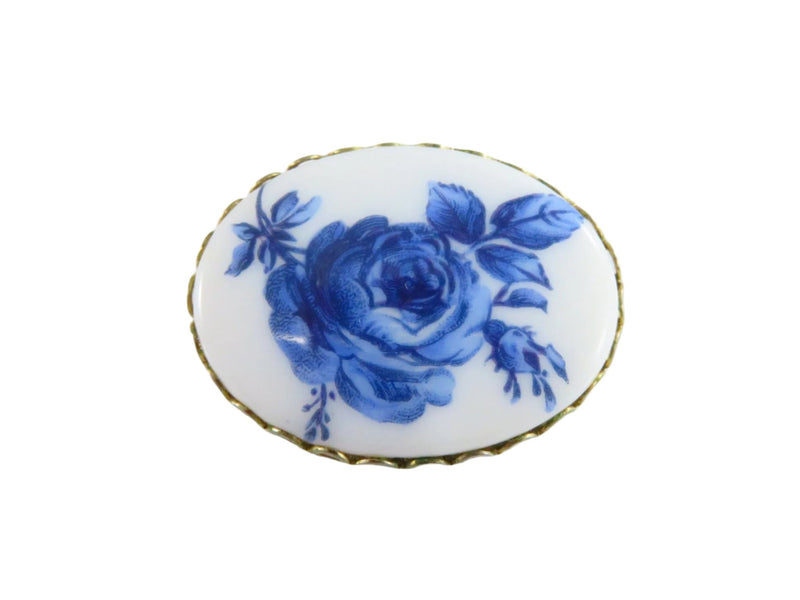 White & Blue Rose Decorated Oval Ceramic Plaque Brooch 1 5/8 x 1 1/4