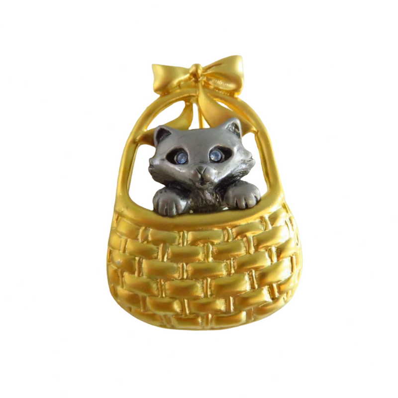 Blue Eyed Gray Kitten in Gilded Wicker Basket with Bow Brooch 1 3/4"