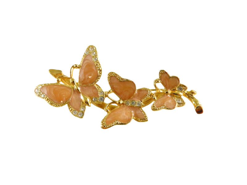 Vintage Avon Butterfly Rhinestone Spring Brooch Pin Gold Tone Peach Enamel