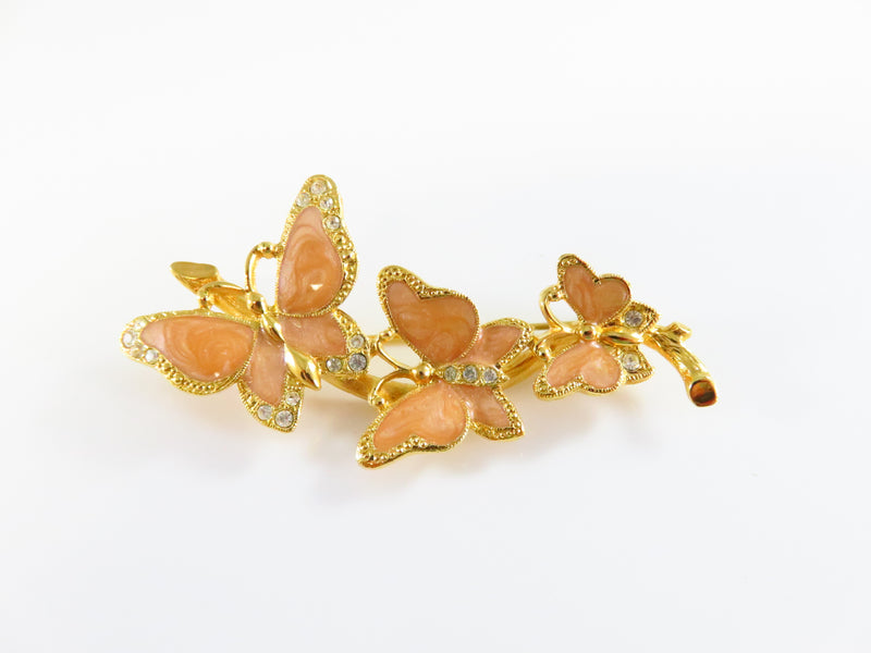 Vintage Avon Butterfly Rhinestone Spring Brooch Pin Gold Tone Peach Enamel