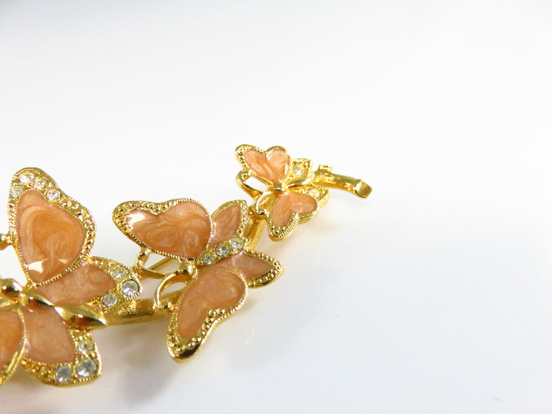 Vintage Avon Butterfly Rhinestone Spring Brooch Pin Gold Tone Peach Enamel