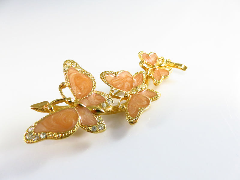 Vintage Avon Butterfly Rhinestone Spring Brooch Pin Gold Tone Peach Enamel