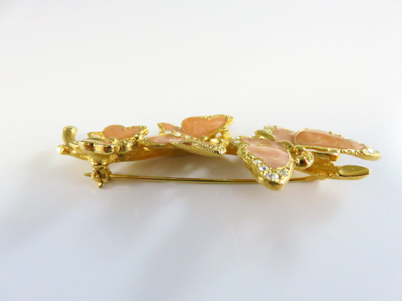 Vintage Avon Butterfly Rhinestone Spring Brooch Pin Gold Tone Peach Enamel