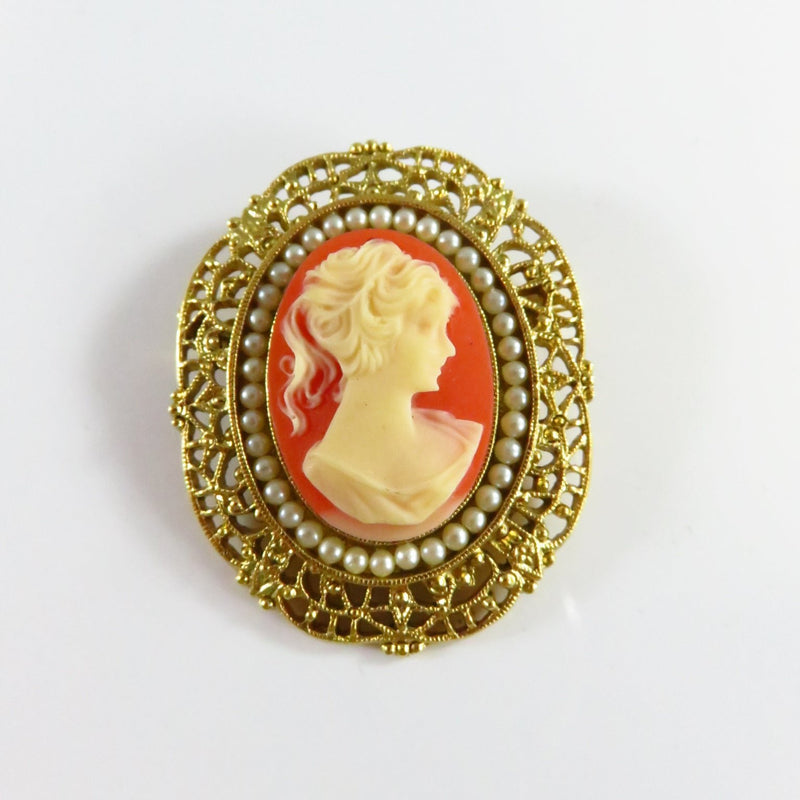 Cameo Brooch Pearl Surround Pierced Gilded Frame Celluloid Cameo