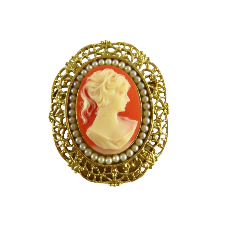 Cameo Brooch Pearl Surround Pierced Gilded Frame Celluloid Cameo