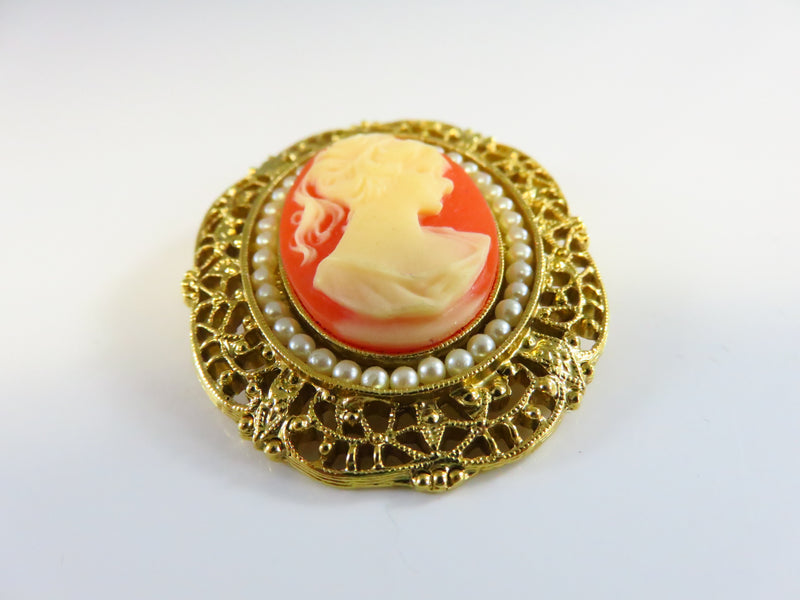 Cameo Brooch Pearl Surround Pierced Gilded Frame Celluloid Cameo