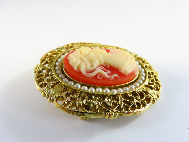 Cameo Brooch Pearl Surround Pierced Gilded Frame Celluloid Cameo