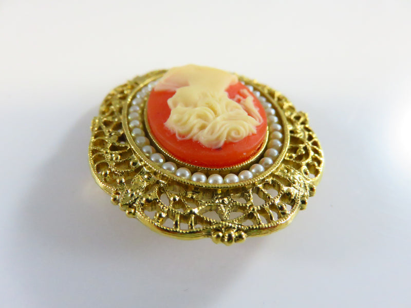 Cameo Brooch Pearl Surround Pierced Gilded Frame Celluloid Cameo