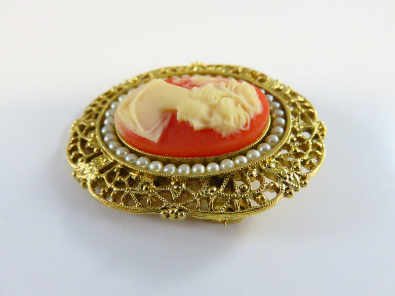 Cameo Brooch Pearl Surround Pierced Gilded Frame Celluloid Cameo