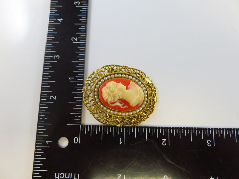 Cameo Brooch Pearl Surround Pierced Gilded Frame Celluloid Cameo