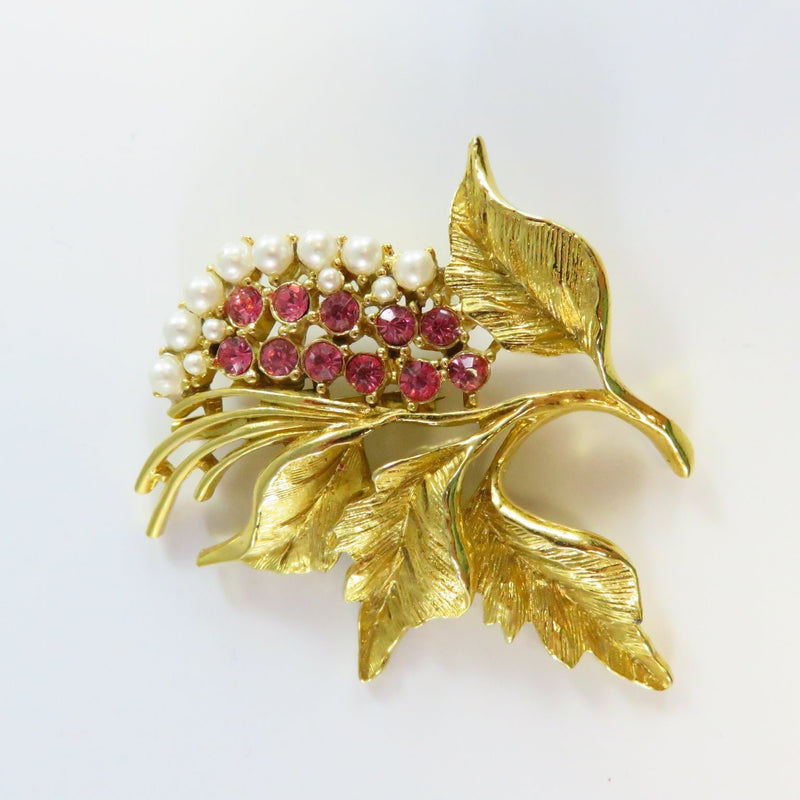 Gerry's Pink Rhinestone Faux Pearl Leaf Brooch in Gold Tone Setting