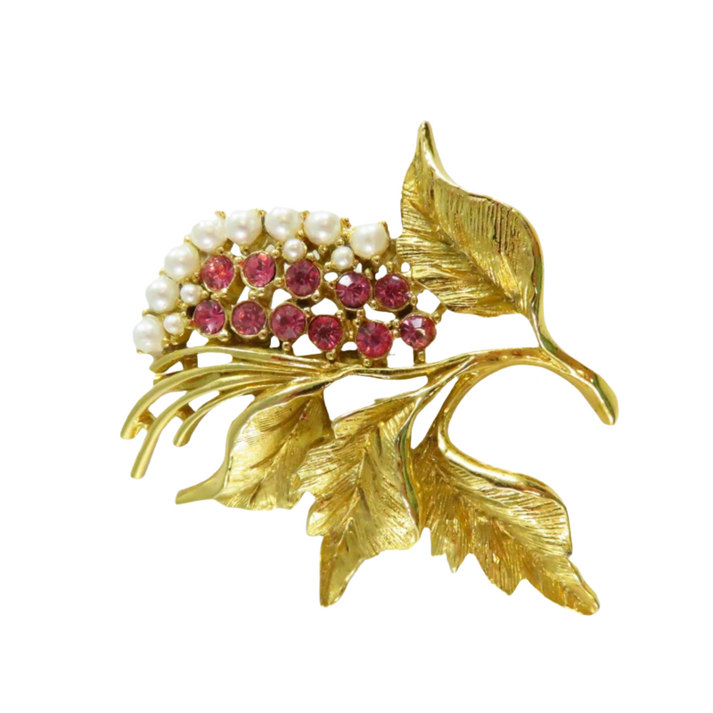 Gerry's Pink Rhinestone Faux Pearl Leaf Brooch in Gold Tone Setting