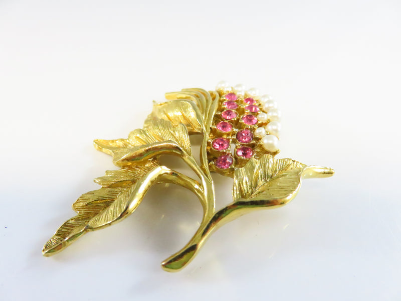 Gerry's Pink Rhinestone Faux Pearl Leaf Brooch in Gold Tone Setting