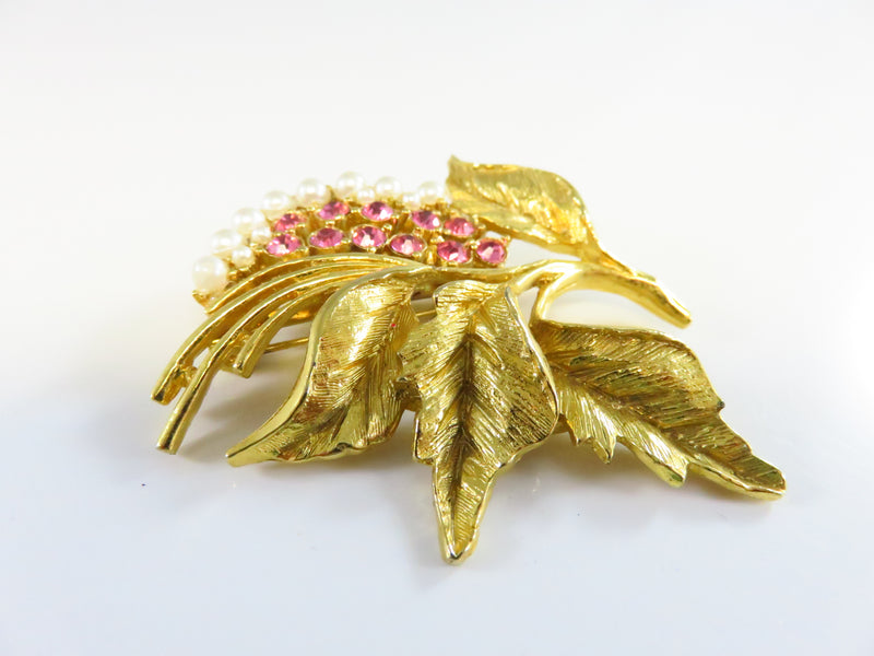 Gerry's Pink Rhinestone Faux Pearl Leaf Brooch in Gold Tone Setting