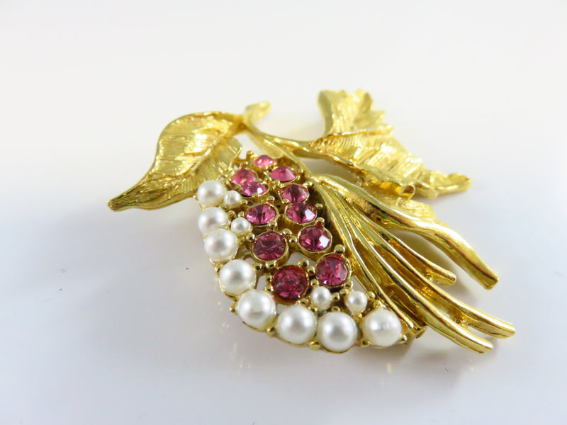 Gerry's Pink Rhinestone Faux Pearl Leaf Brooch in Gold Tone Setting