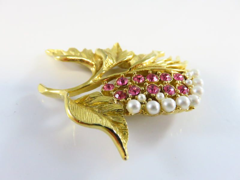 Gerry's Pink Rhinestone Faux Pearl Leaf Brooch in Gold Tone Setting