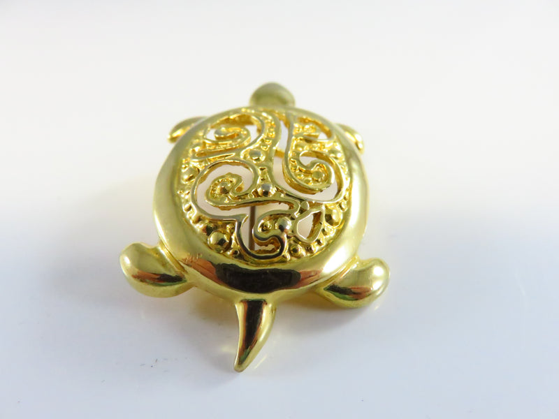 Vintage Turtle Brooch Signed ALI Open Work Swirl Gold Tone Pin 1 7/8"