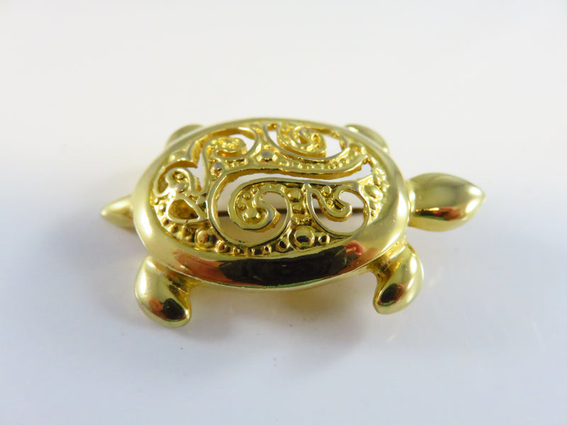 Vintage Turtle Brooch Signed ALI Open Work Swirl Gold Tone Pin 1 7/8"