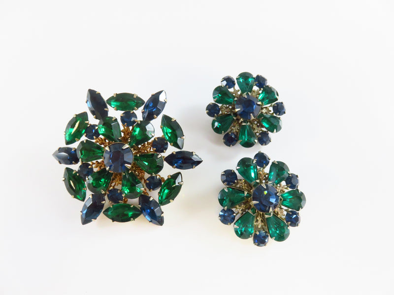 Emerald Green Sapphire Blue Rhinestone Brooch Earrings Bling Set Vintage