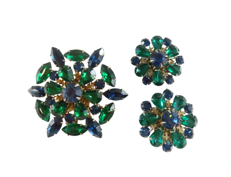 Emerald Green Sapphire Blue Rhinestone Brooch Earrings Bling Set Vintage