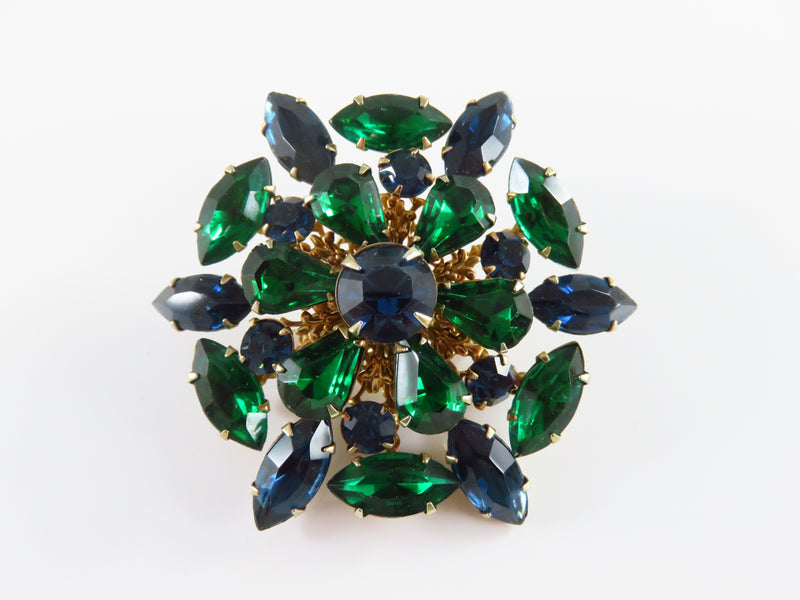 Emerald Green Sapphire Blue Rhinestone Brooch Earrings Bling Set Vintage