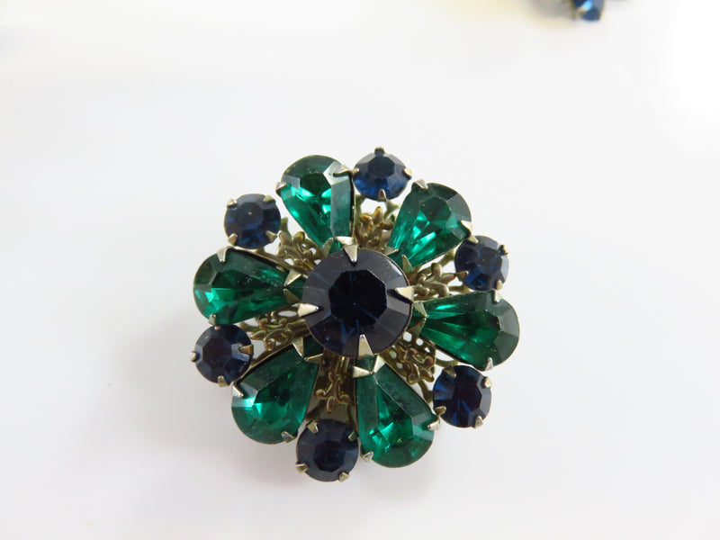 Emerald Green Sapphire Blue Rhinestone Brooch Earrings Bling Set Vintage