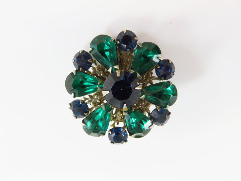 Emerald Green Sapphire Blue Rhinestone Brooch Earrings Bling Set Vintage