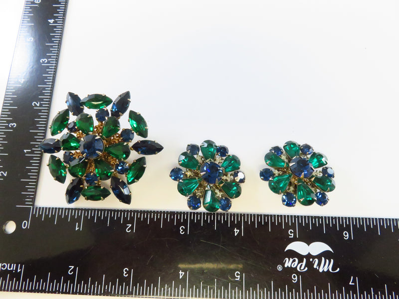 Emerald Green Sapphire Blue Rhinestone Brooch Earrings Bling Set Vintage