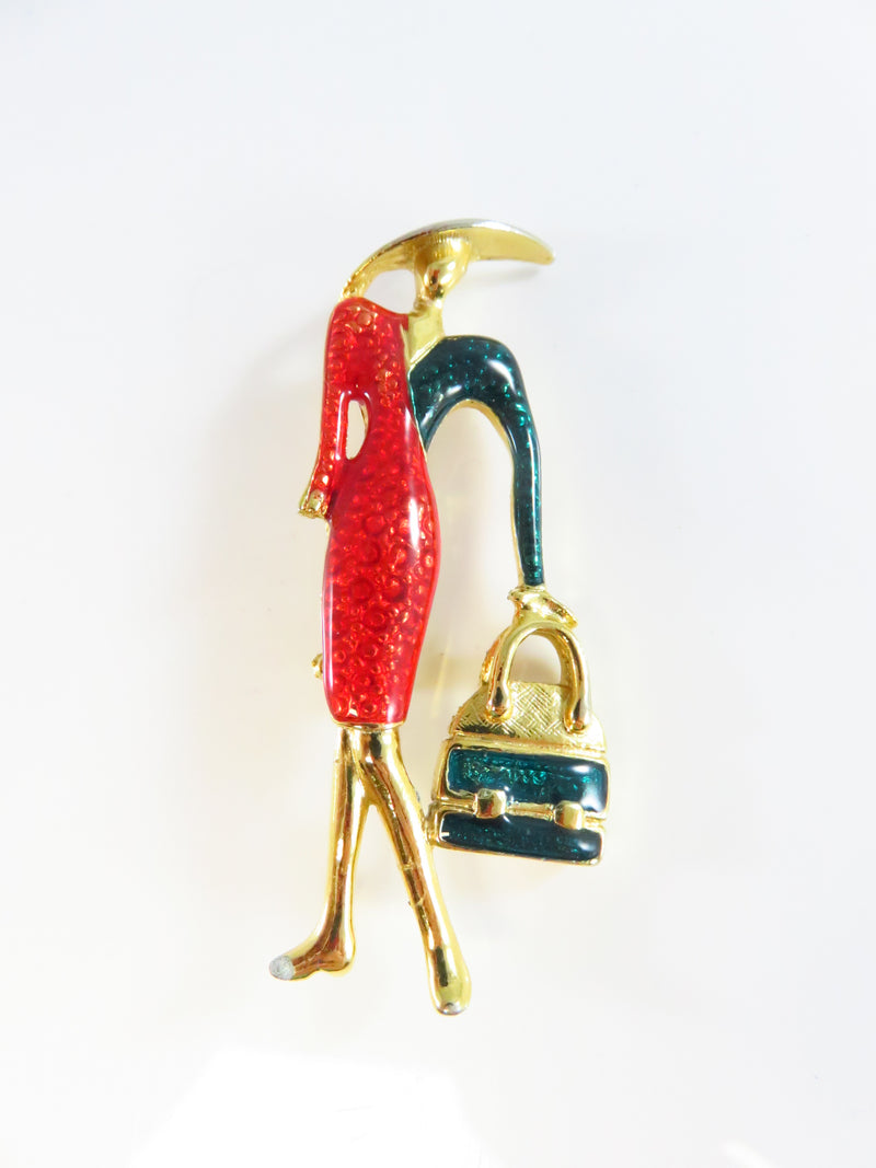 Stylish Paris Style Brooch Lady in Red & Green Enamel Dress With Handbag