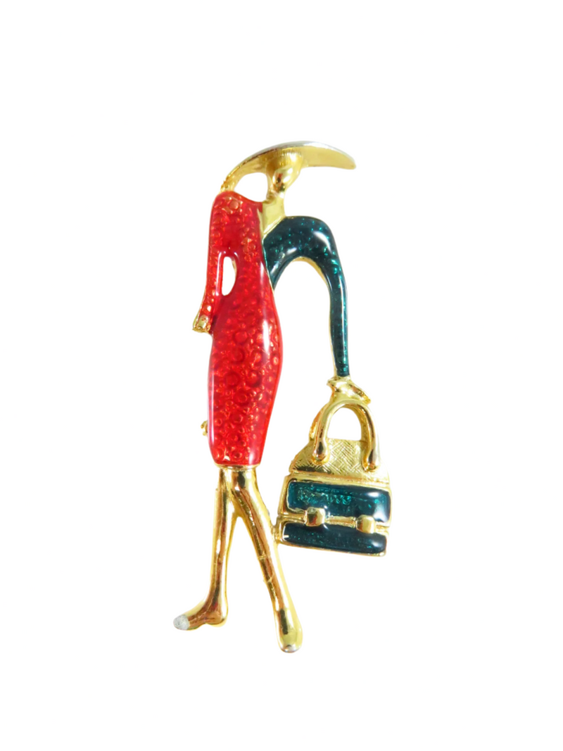 Stylish Paris Style Brooch Lady in Red & Green Enamel Dress With Handbag