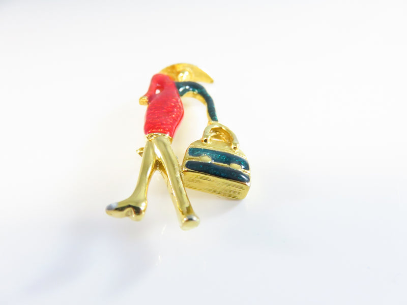 Stylish Paris Style Brooch Lady in Red & Green Enamel Dress With Handbag