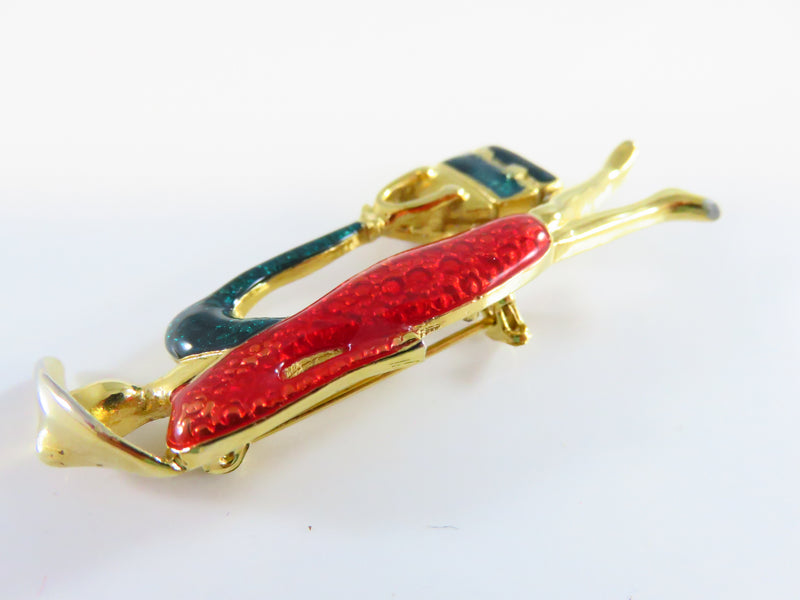 Stylish Paris Style Brooch Lady in Red & Green Enamel Dress With Handbag