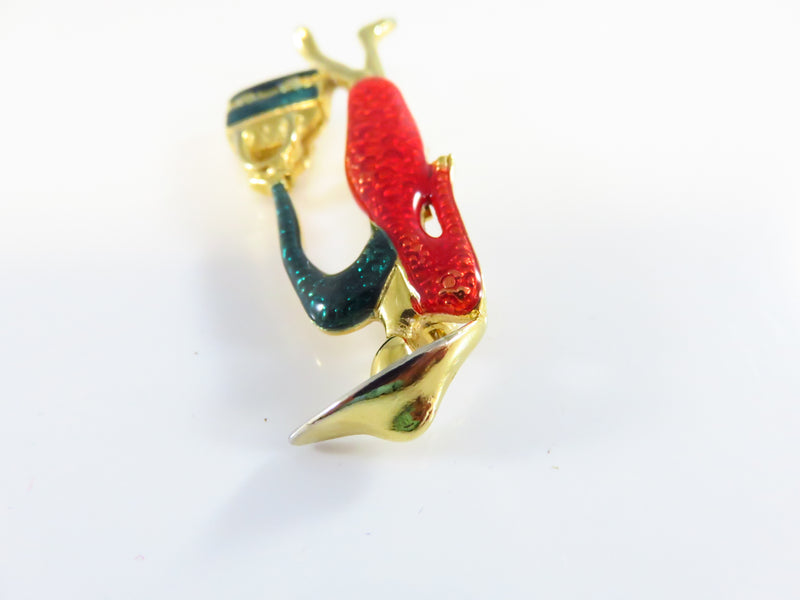 Stylish Paris Style Brooch Lady in Red & Green Enamel Dress With Handbag