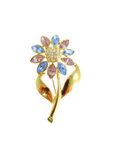 Pink Blue White Rhinestone Daisy Flower Brooch Gold Tone 2 1/2 x 1 1/2 — Gold — front view