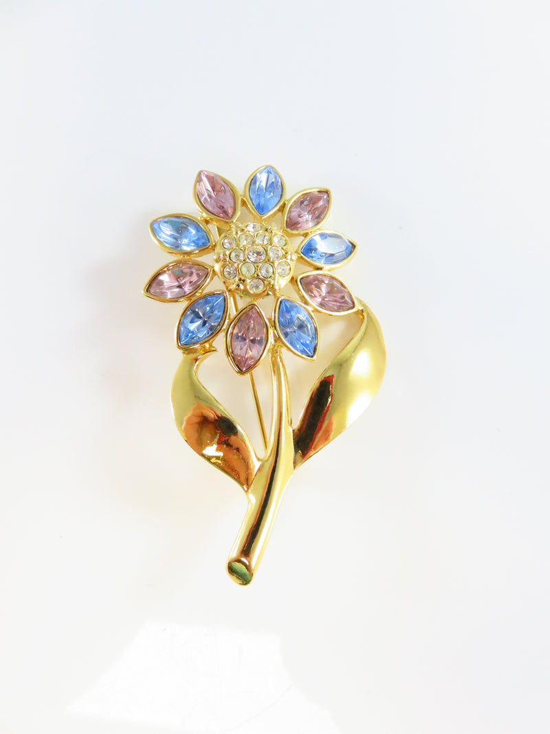 Pink Blue White Rhinestone Daisy Flower Brooch Gold Tone 2 1/2 x 1 1/2