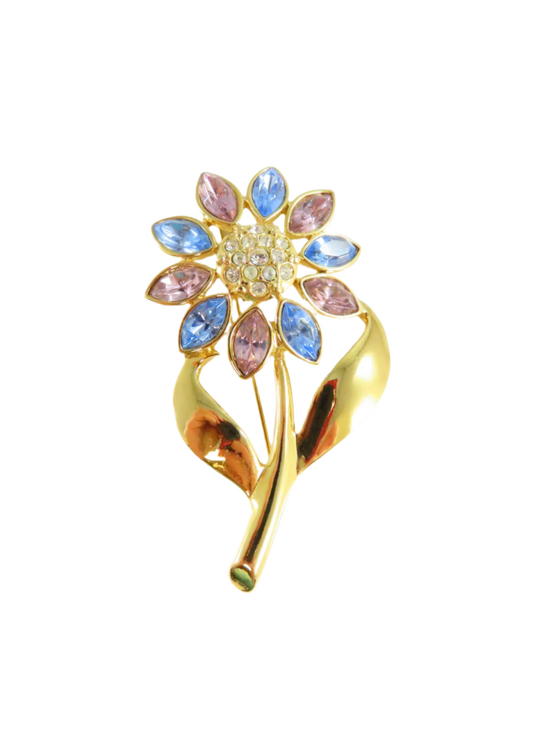 Pink Blue White Rhinestone Daisy Flower Brooch Gold Tone 2 1/2 x 1 1/2