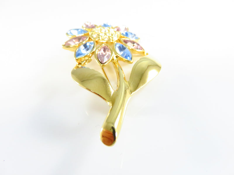 Pink Blue White Rhinestone Daisy Flower Brooch Gold Tone 2 1/2 x 1 1/2