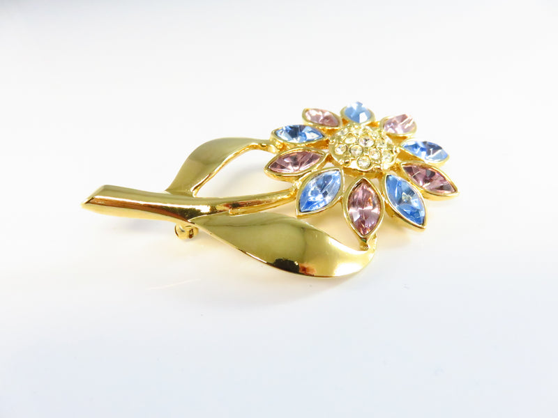 Pink Blue White Rhinestone Daisy Flower Brooch Gold Tone 2 1/2 x 1 1/2