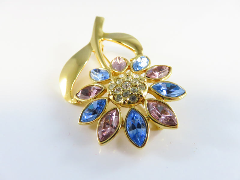 Pink Blue White Rhinestone Daisy Flower Brooch Gold Tone 2 1/2 x 1 1/2