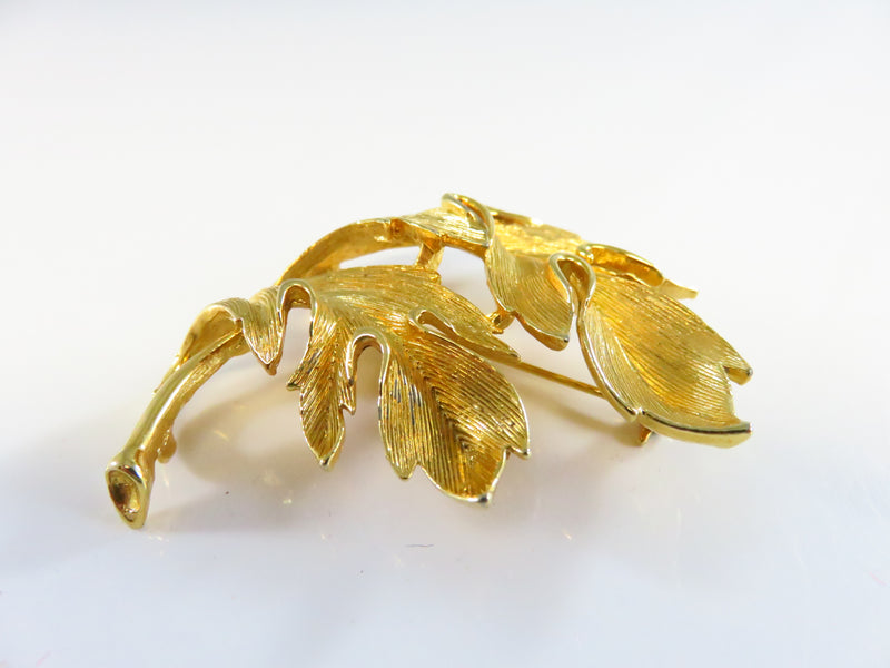 c1970's Textured Blowing Leaf Brooch Gold Tone M.J. Ent 2 1/4 x 1 3/4